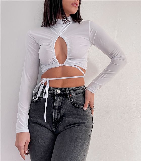 Crop top με άνοιγμα και δεσίματα (Λευκό)